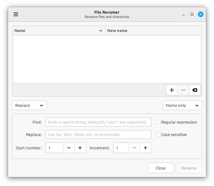 Bulky file renamer showing search, replace and numbering controls