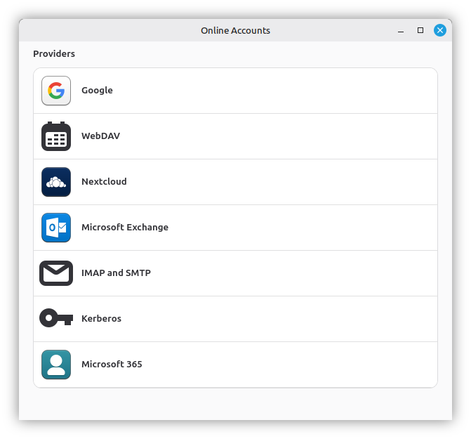 Online Accounts showing available account providers