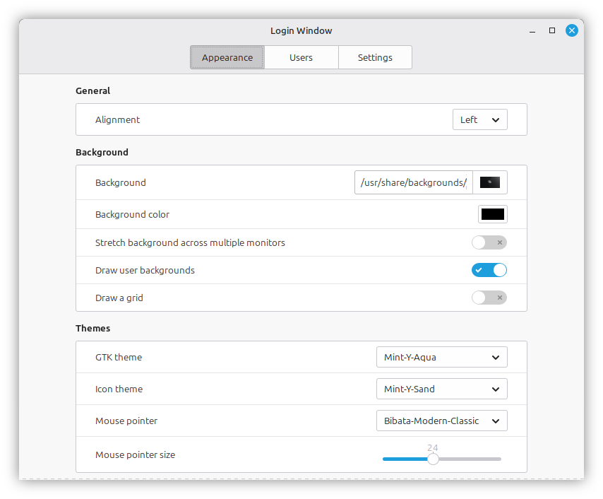 LightDM Settings showing login window appearance options