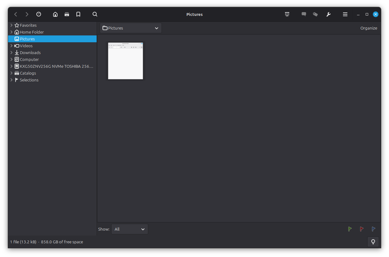Pix browsing the Pictures folder in a dark desktop theme