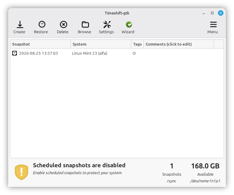 Timeshift displaying a saved system snapshot