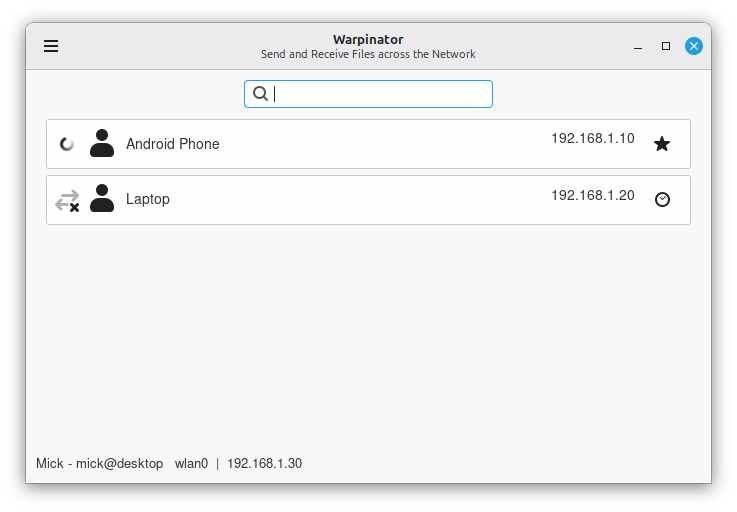 Warpinator displaying computers available on a local network