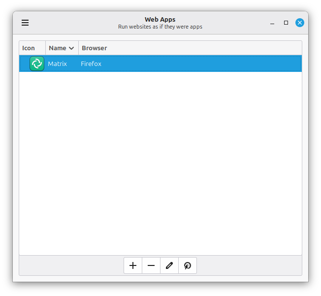 Web App Manager showing a website configured to run like a desktop application