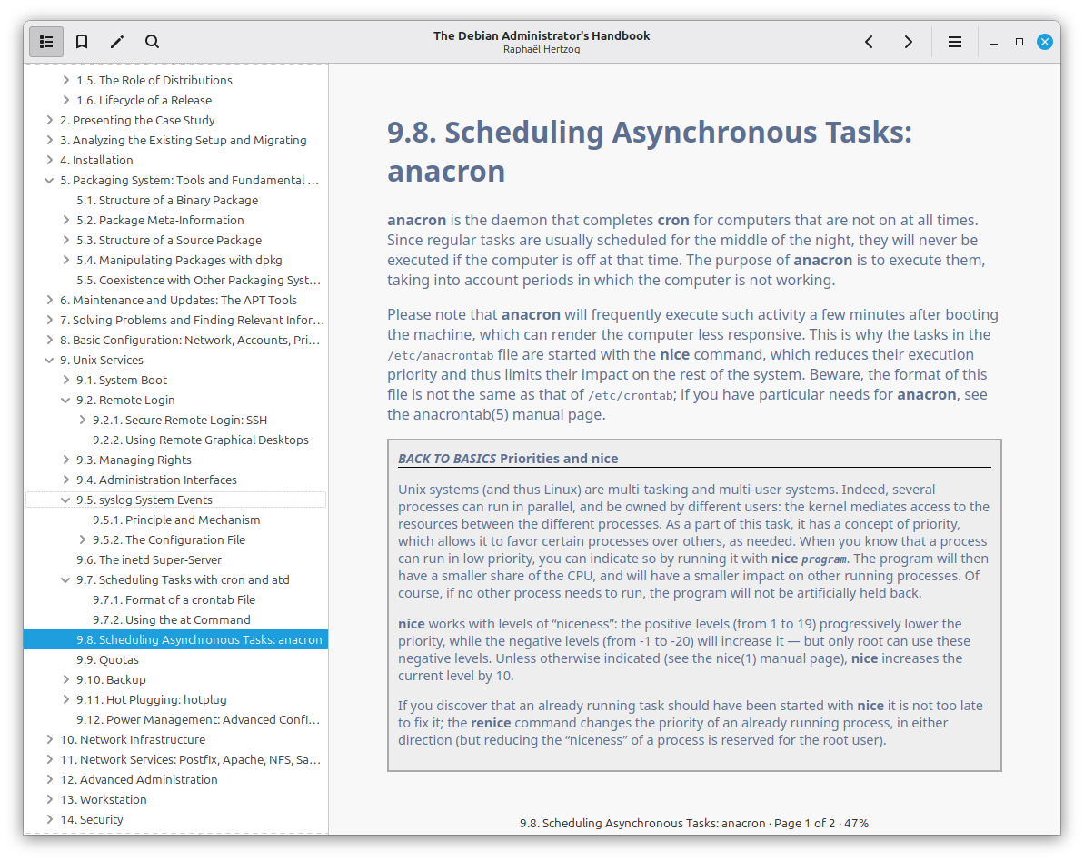 Xepub displaying The Debian Administrator’s Handbook with a chapter sidebar